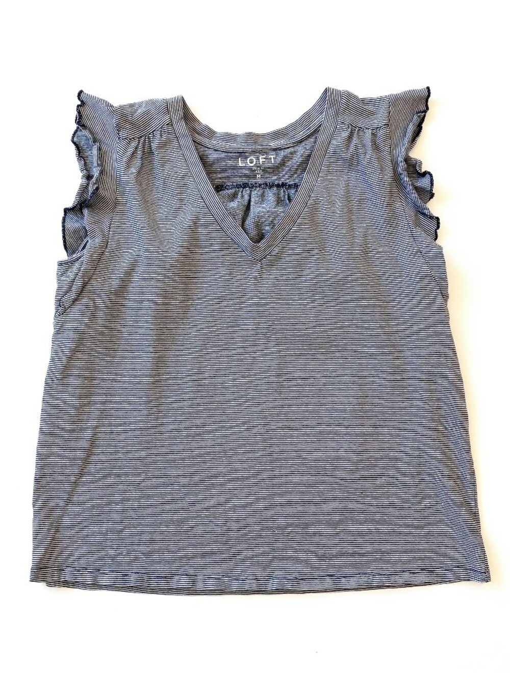 LOFT Flutter Ruffle Sleeve V-Neck Tee Navy White Micro Striped Medium